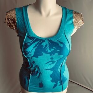 Nolita turquoise and gold sequin cap sleeve fitted top
